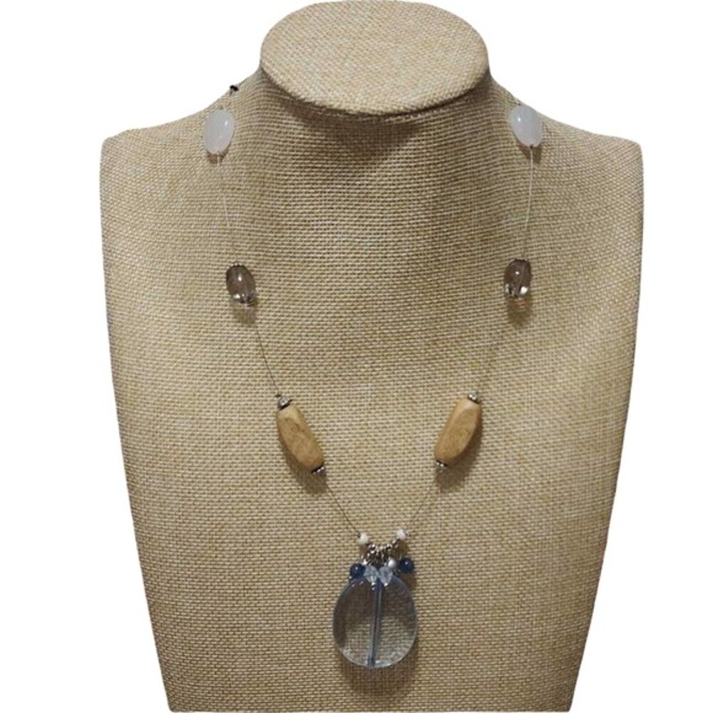 Treska Blue Glass Pendant Necklace Mixed Wood Stone Beads Silver Tone Boho New